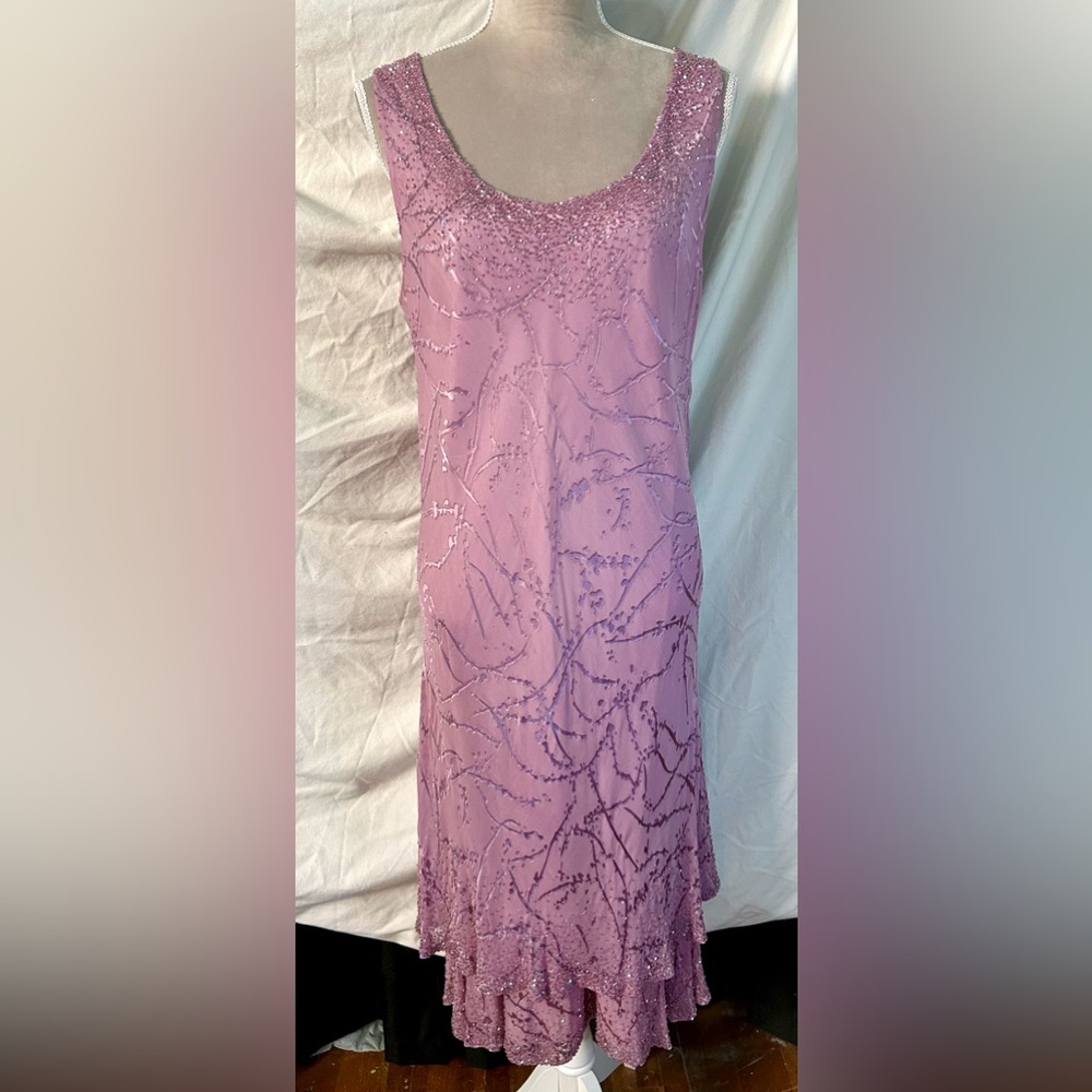 Cameron Blake Mauve Embellished Metallic Tiered Silk Dress, Size 20